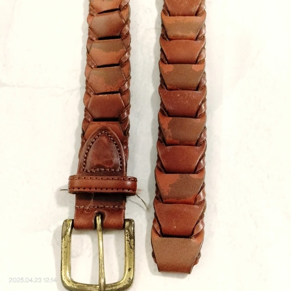 Genuine Leather Men's Brown Belt 38 Rectangular Braided With Solid Brass Buckle